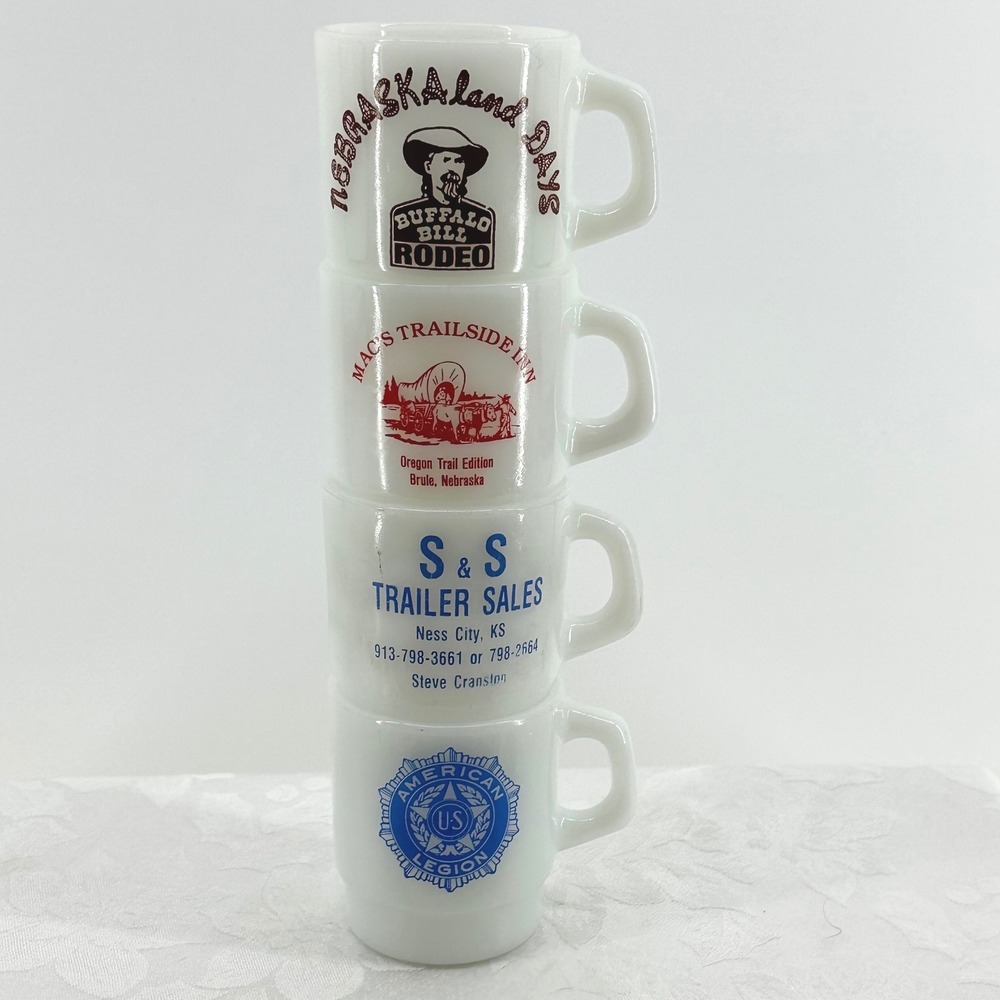 Vintage Milk Glass Stacking Mugs White Nebraska Americana Set4 Advertising Retro